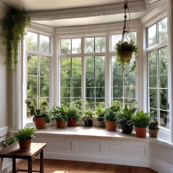 A bright, wide four-panel bay window featuring a white built-in storage bench used as a large display shelf for multiple potted indoor plants. Various green house plants in terracotta, black, and ceramic pots line the wooden ledge, accented by a hanging plant basket from the ceiling and trailing vines framing the upper corners. The scene overlooks a lush green garden outside and includes warm wooden flooring and a small rustic side table with a potted plant in the left foreground.