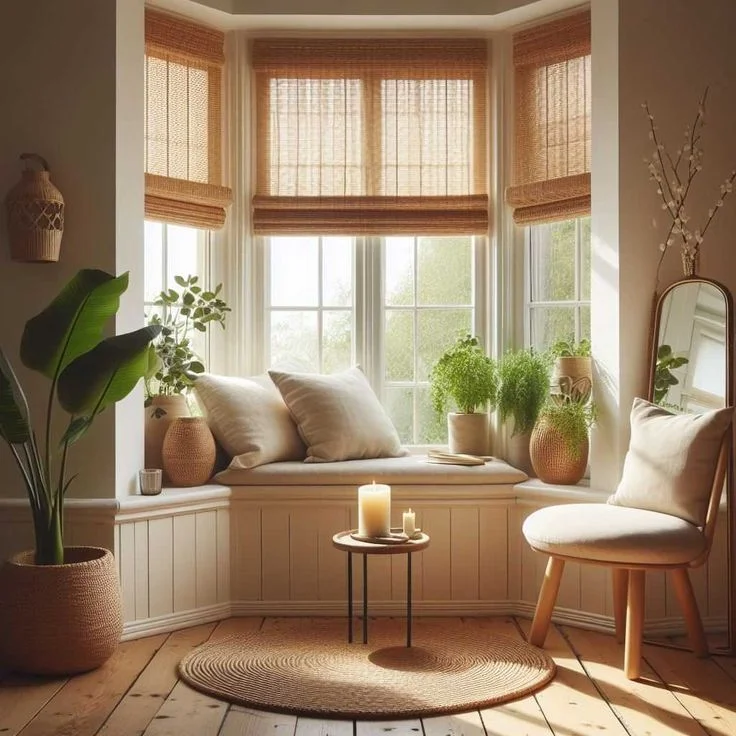 A cozy boho-style bay window seating area featuring built-in cream wainscot cabinetry, soft beige pillows, and woven bamboo Roman shades. The window ledge is decorated with vibrant green potted houseplants in textured ceramic and woven planters. The foreground includes a round jute area rug on rustic wooden floorboards, a tiny wooden side table holding lit candles, a modern cream accent chair, and a large bird of paradise plant in a woven basket.