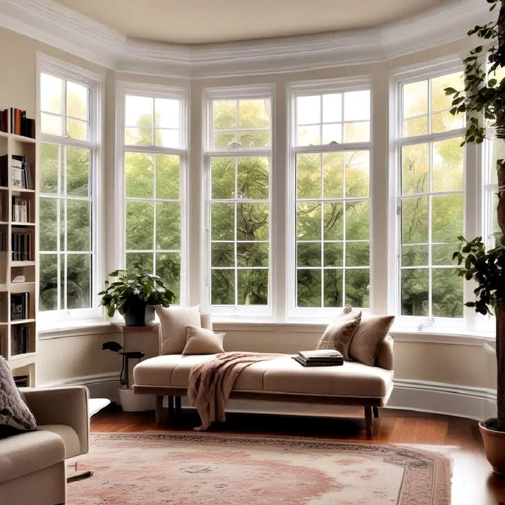 A spacious five-panel curved bay window overlooking lush green trees outside. In front of the bright window sits a minimalist, low-profile cream daybed styled with neutral accent pillows and a draped pink knit blanket. The light-filled living room features beige walls, white crown molding, rich hardwood floors, a large patterned vintage area rug, a tall bookshelf on the left, and leafy indoor potted plants.