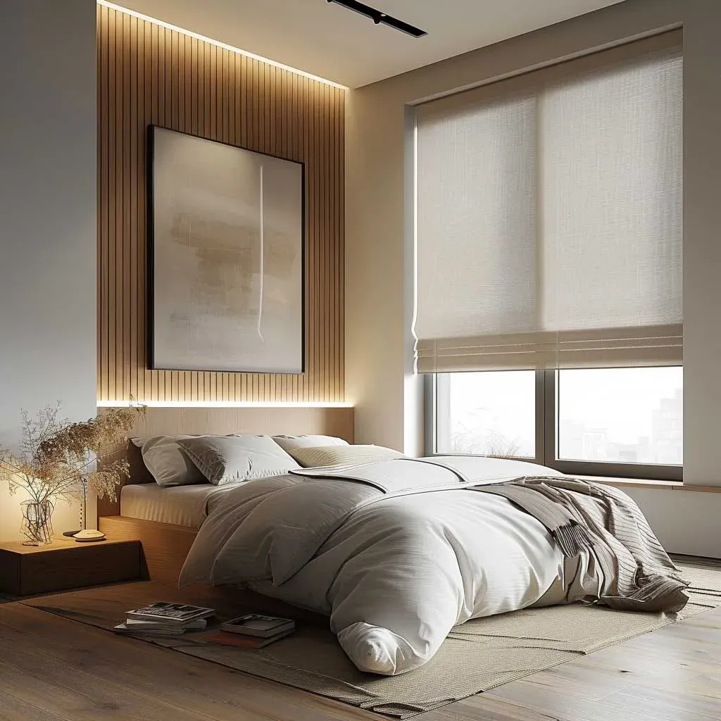 Cream fabric light-filtering Roman shades pulled halfway down over large bedroom windows beside a wood-paneled headboard wall.