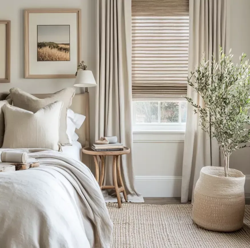 An image showcasing interior design ideas for a neutral bedroom: a cozy bed with linen sheets and throw, a round wooden nightstand, framed landscape art, a textured window shade, light-colored curtains, a jute rug, and a tall faux olive tree.