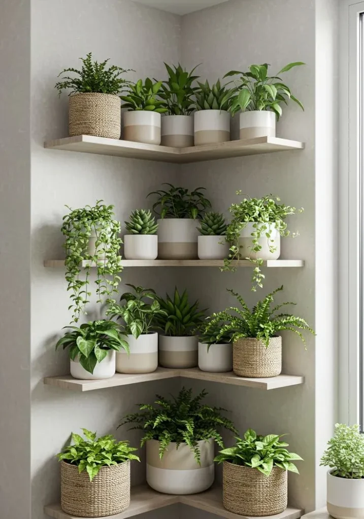A cozy indoor corner featuring four tiers of light-colored wooden floating L-shaped shelves filled with numerous potted house plants. The plants, including trailing vines, small succulents, and leafy ferns, are arranged neatly in a cohesive mix of textured woven baskets and two-tone ceramic pots. The display sits in a brightly lit room next to a window.