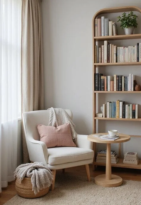 Warm minimalist interior design of a small reading nook showcasing an arched wooden bookshelf, a comfortable fabric armchair, and a wooden pedestal side table on a soft textured area rug.