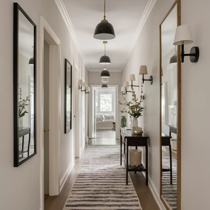 A long, narrow hallway styled with off-white walls, white crown molding, and a striped black-and-white runner rug leading toward a living area. The left wall features a black-framed mirror, while the right wall displays a large wood-framed mirror flanked by classic black wall sconces. A dark wood console table rests along the right wall, holding a tall floral arrangement, illuminated by a line of black dome pendant lights hanging down the center of the ceiling.