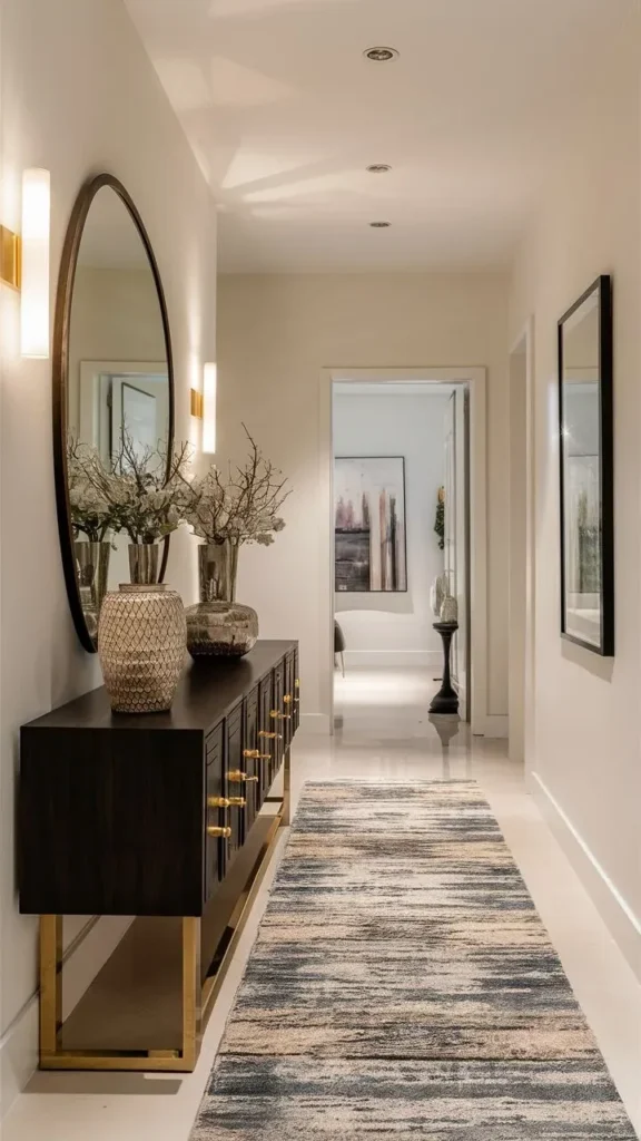A bright, modern hallway featuring a dark wood console table with a gold base and matching gold hardware. The table is styled with two textured metallic vases filled with branches, set below a large, vertical oval mirror with a thin dark frame. Illuminated frosted glass cylinder sconces flank the mirror, while a textured blue and grey runner rug lines the floor leading towards an open doorway.