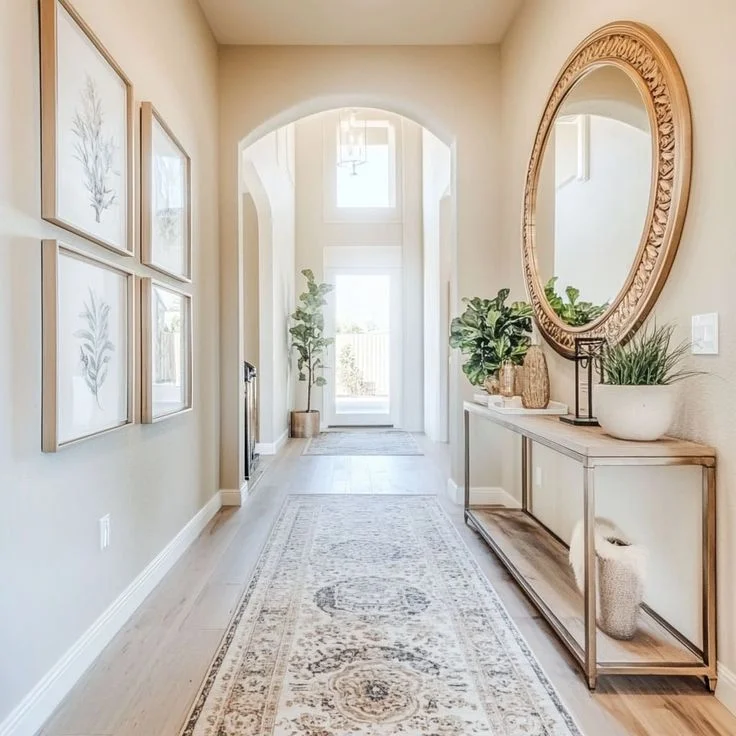 A bright, neutral hallway featuring a wooden console table styled with potted green plants and decorative accents below a large, round carved wood mirror. The opposite wall displays a grid of four matching wood-framed botanical art prints. An ornate vintage-style runner rug leads down the light wood flooring toward an open arched doorway revealing a sunlit foyer.