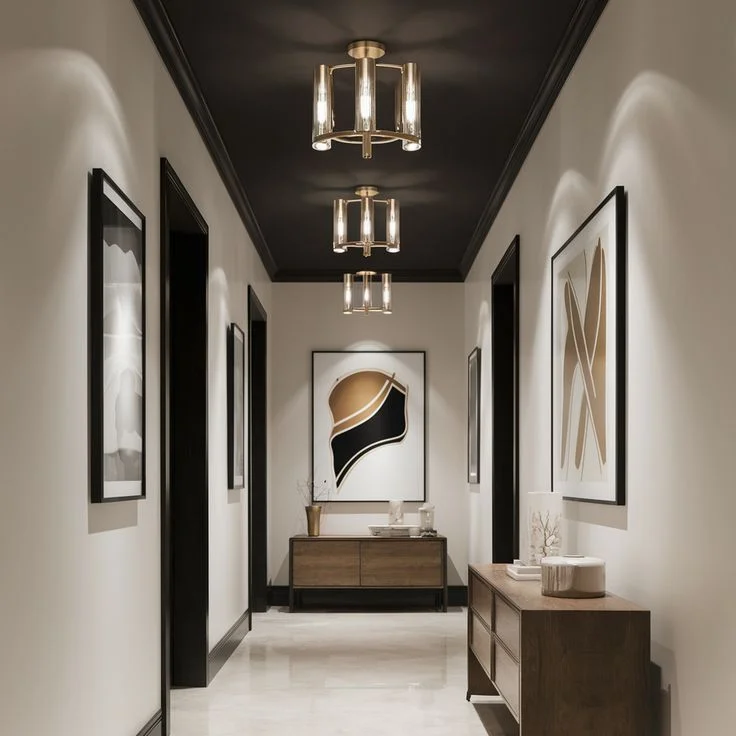 A long contemporary hallway featuring a striking matte black ceiling with matching dark crown molding and door frames against crisp white walls. Three semi-flush gold cylinder light fixtures illuminate the corridor, casting soft geometric shadows. Large black-framed abstract art pieces line the walls, leading toward a dark wood console table at the far end of the glossy tile floor.