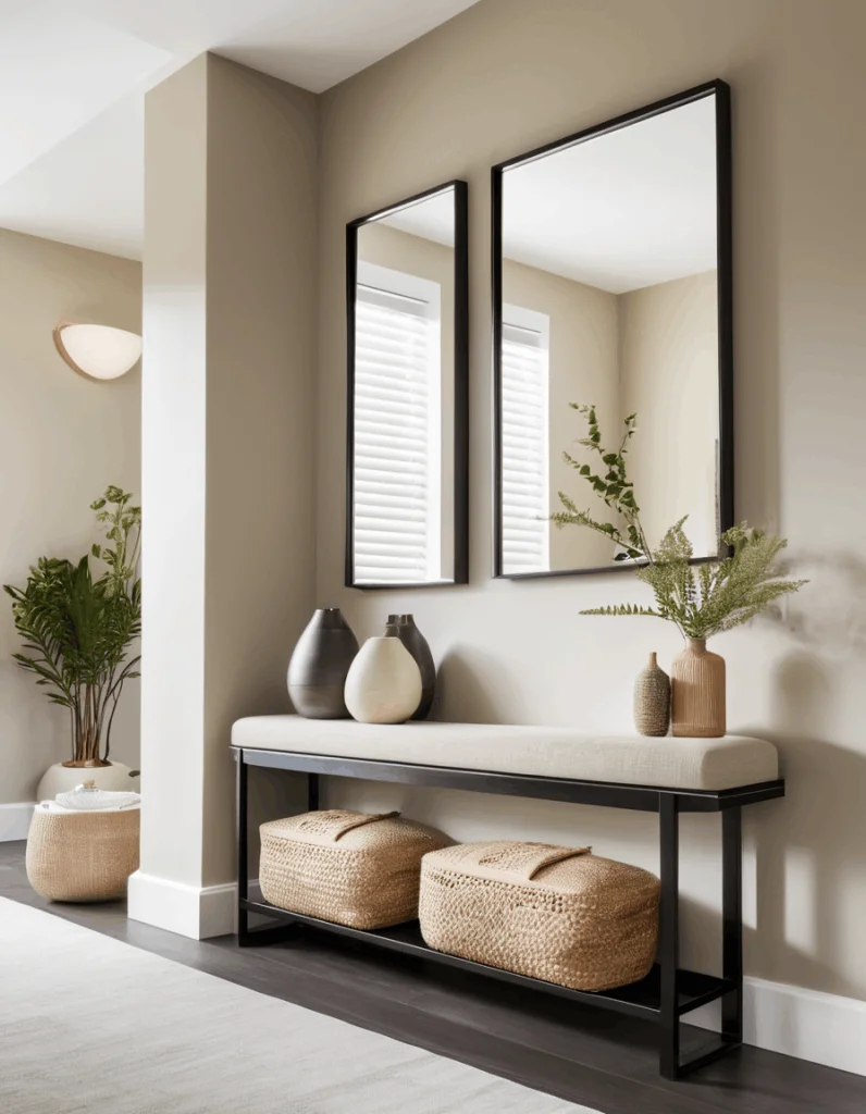 A styled long hallway featuring a black-framed bench with a cream cushioned top, holding a collection of ceramic vases and faux greenery. Below the bench, two large rectangular woven baskets sit neatly on the bottom shelf for storage. Two tall, vertical black-framed mirrors hang side-by-side on the beige wall above, reflecting a window with white blinds.