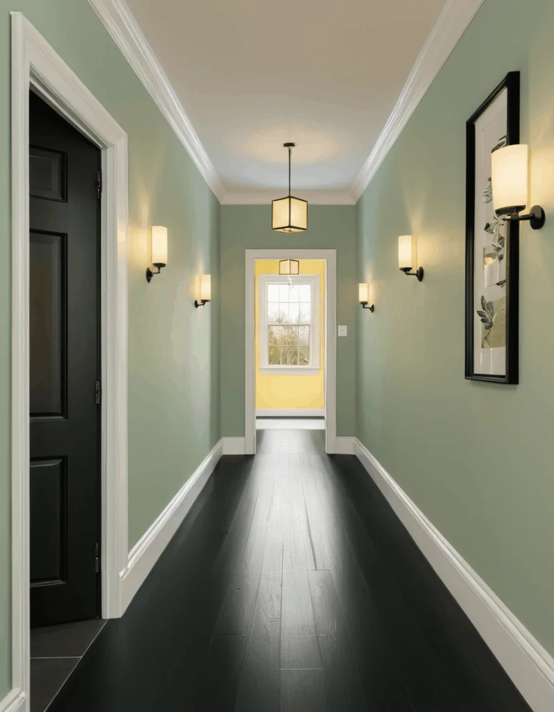 A long hallway featuring sage green walls paired with crisp white crown molding and baseboards. The dark wood flooring reflects light from a central square lantern pendant and a series of classic wall sconces lining the corridor. A prominent black six-panel door stands on the left, while the far end opens into a bright yellow room with a framed window.