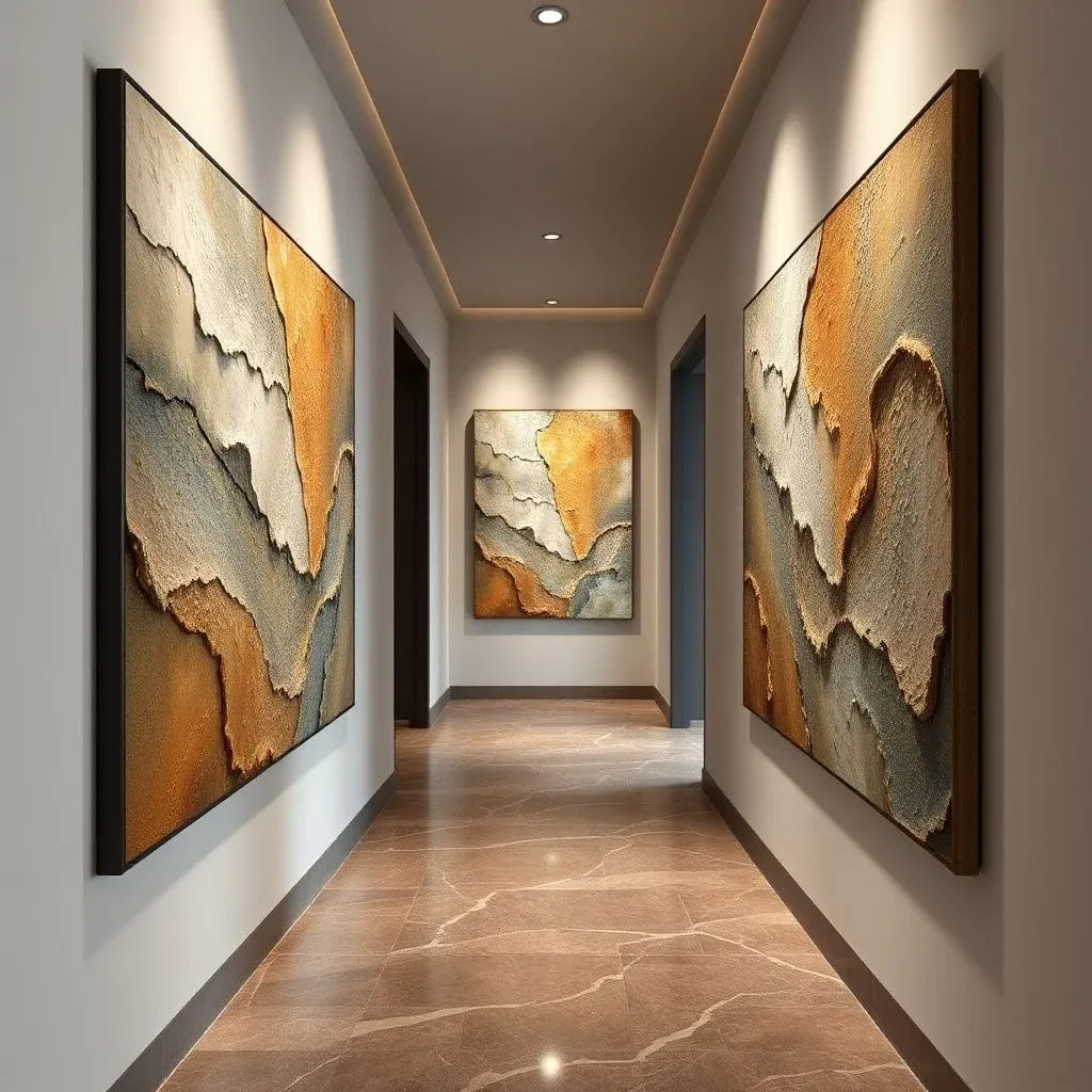 A long, modern hallway featuring polished brown marble tile flooring and a recessed tray ceiling illuminated by warm cove lighting. Large, heavily textured abstract canvas paintings in earthy tones of gold, ochre, grey, and white line the plain walls, leading the eye down the corridor toward a matching focal art piece at the far end.