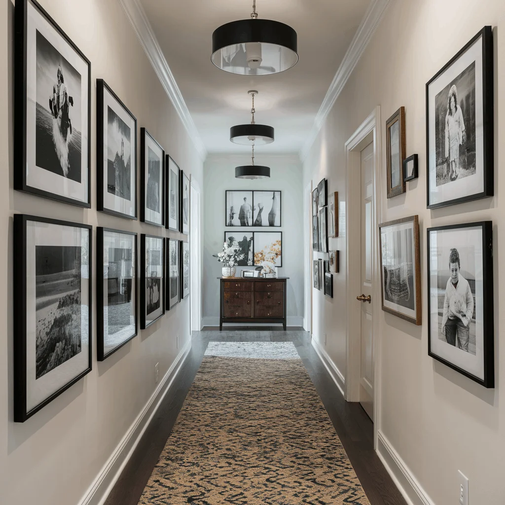 black and white hallway gallery wall ideas A long, narrow hallway featuring a grid of large black-and-white framed family photos on both walls, a patterned runner rug on dark wood floors, three modern black drum pendant lights, and a vintage console table at the far end.