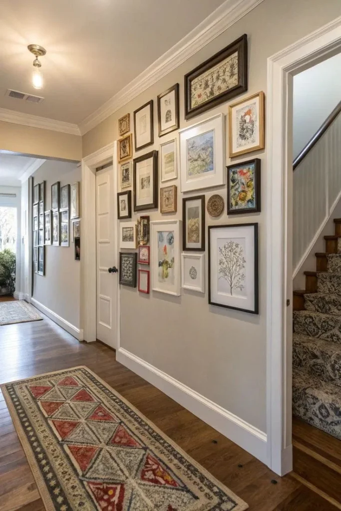 entryway staircase gallery wall ideas A bright home entryway featuring an asymmetrical salon-style gallery wall with mixed frames and artwork on a light grey wall, located next to a carpeted staircase with a patterned runner, over hardwood floors with a geometric area rug.