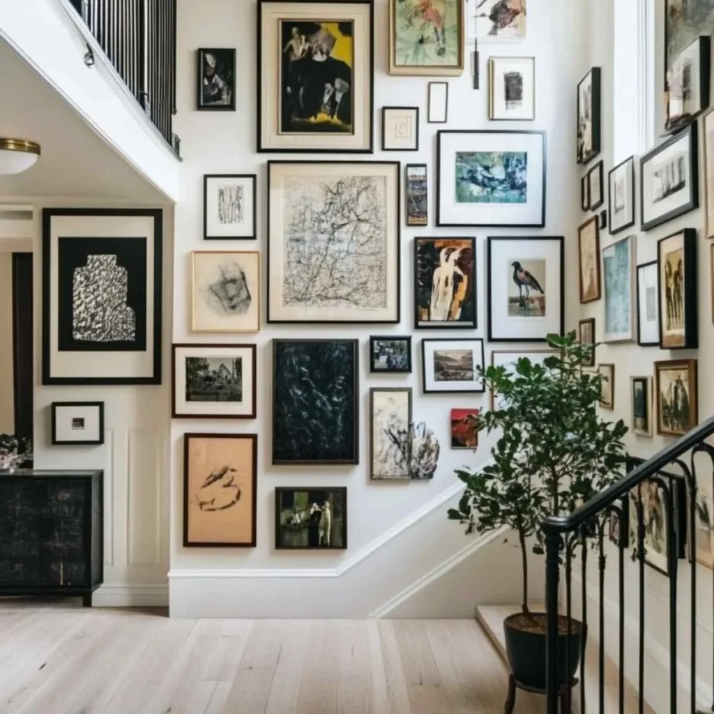 high ceiling hallway art display A white double-height foyer wall completely filled with rows of framed art pieces tracking up a staircase with a black wrought-iron railing, showcasing an expansive and curated art display.