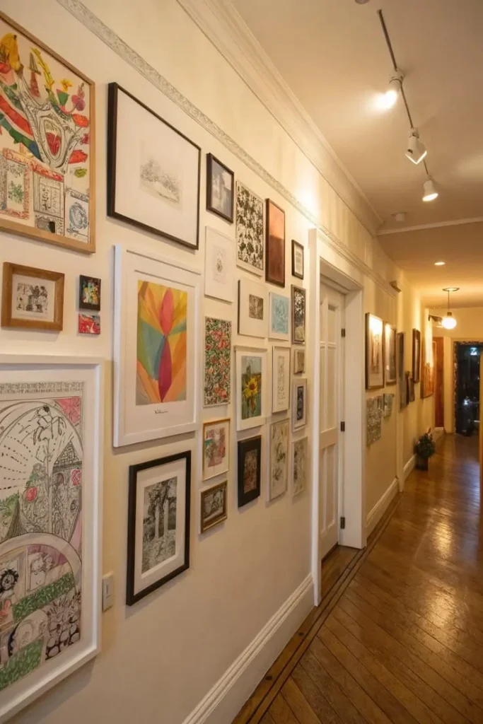 eclectic hallway gallery wall ideas A long home hallway featuring a large, eclectic salon-style gallery wall packed with a mix of colorful artwork, sketches, and paintings in various frame sizes and styles, accented by warm track lighting overhead and polished wood floors.