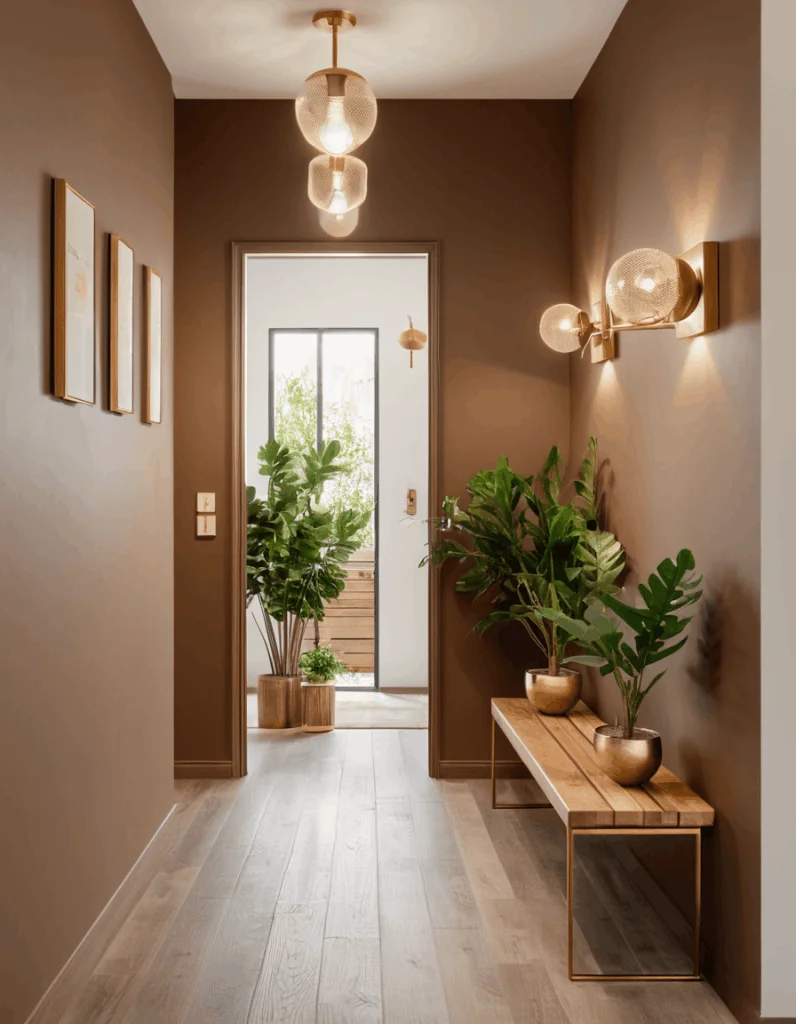 Narrow entryway with warm taupe brown walls, floating picture frames, modern brass globe lighting, and lush green plants on a wooden bench.