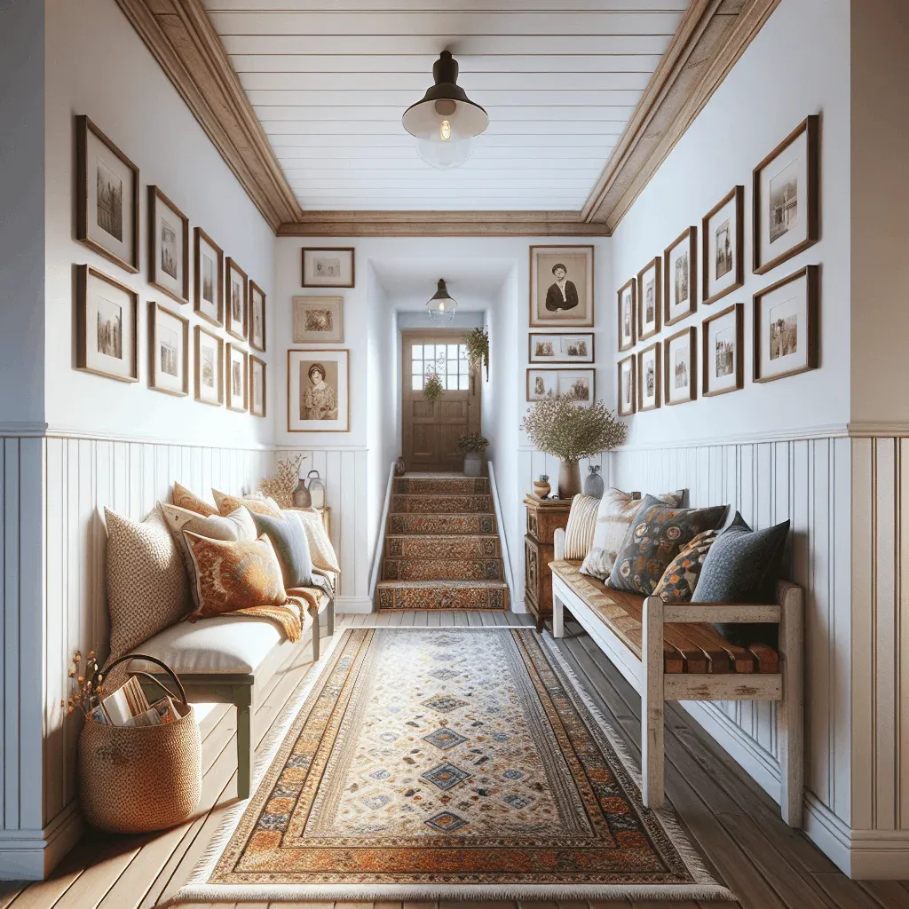 Symmetrical hallway gallery wall featuring numerous framed vintage photos on white shiplap walls, twin wooden benches with patterned throw pillows, and a long bohemian runner rug leading to stairs.