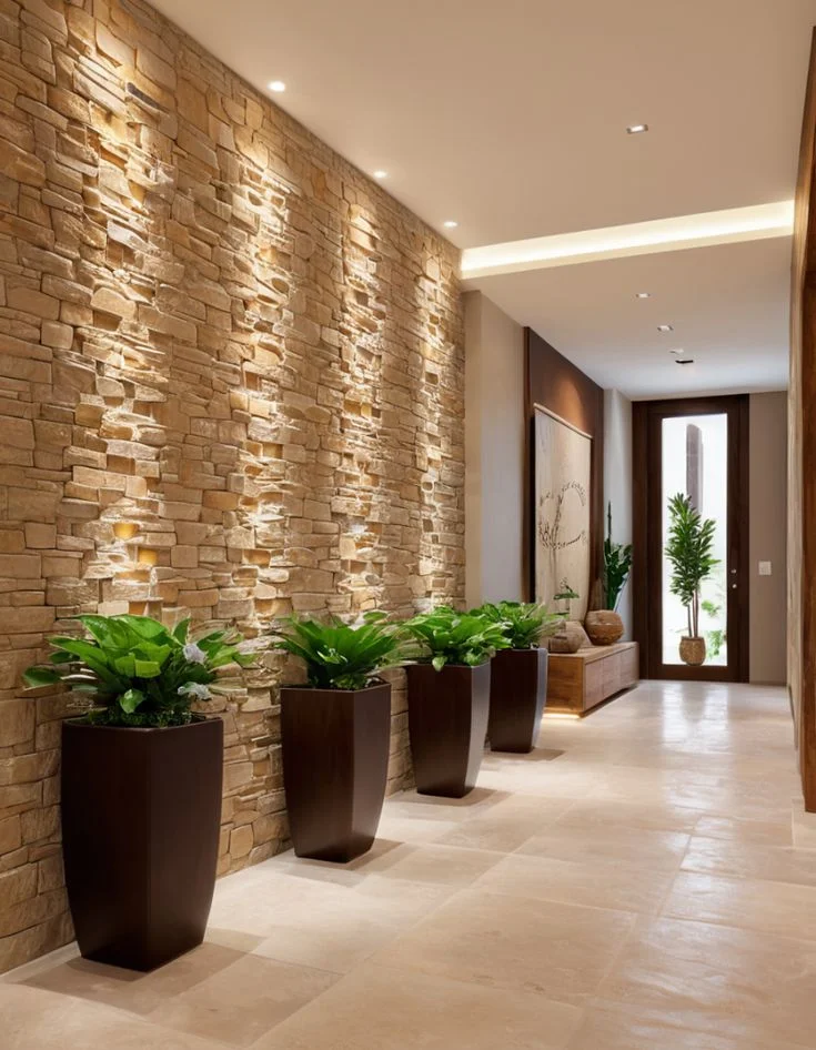 A minimalist and modern hallway foyer featuring a textured beige stone accent wall illuminated by recessed spotlights, paired with large dark brown potted plants, light tile flooring, and a glass front door showing a green plant outside.