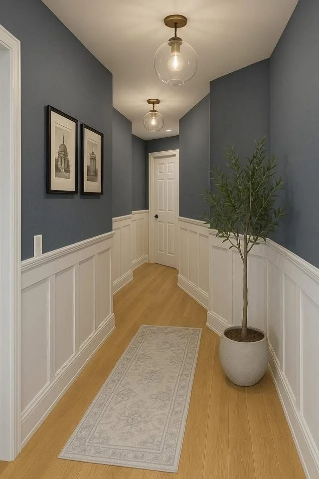 A narrow hallway decorated with slate blue walls, white wainscoting, light oak flooring, a vintage runner rug, brass pendant lighting, and a potted indoor tree.