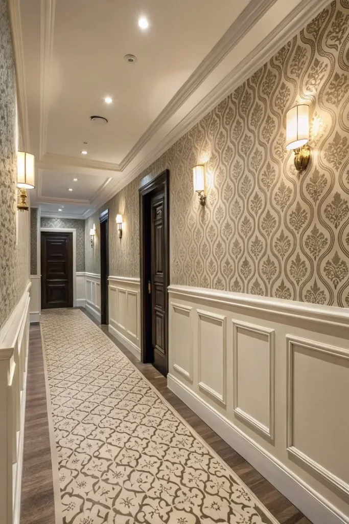 A long luxury hallway featuring cream-colored wainscoting paneling on the lower half of the walls and elegant patterned damask wallpaper above, illuminated by warm wall sconces.