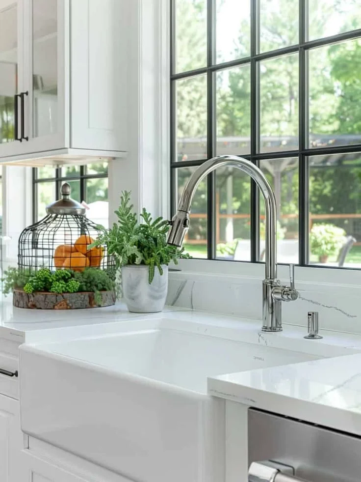 A modern white apron kitchen sink paired with a sleek chrome gooseneck faucet in front of a large black grid window. The white quartz countertop is styled with a textured potted plant and a decorative wire cloche filled with oranges sitting on a rustic wood slice base. White upper cabinets frame the bright, sunlit space.