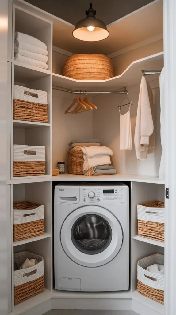 Compact corner laundry space featuring a white front-load washing machine surrounded by custom white built-in shelving, woven storage baskets with white fabric liners, a curved corner clothes hanging rod with wooden hangers, folded towels, and a warm pendant light overhead.
