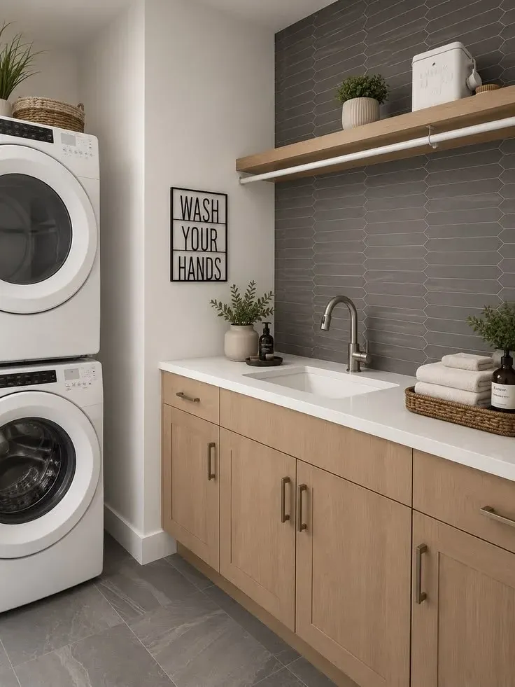 Modern laundry room featuring white stacked front-load washer and dryer units alongside light wood cabinets, white quartz countertop with an undermount sink, dark gray linear accent tile wall, a wooden floating shelf with a hanging rod, and framed "Wash Your Hands" wall art.