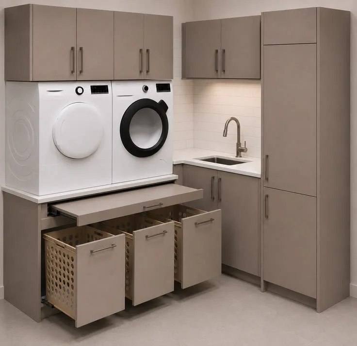 Modern taupe-colored laundry corner featuring white front-load washer and dryer units raised above pull-out laundry hamper baskets, an extendable folding shelf, upper storage cabinets, a tall pantry closet, and a small sink station with a gooseneck faucet.