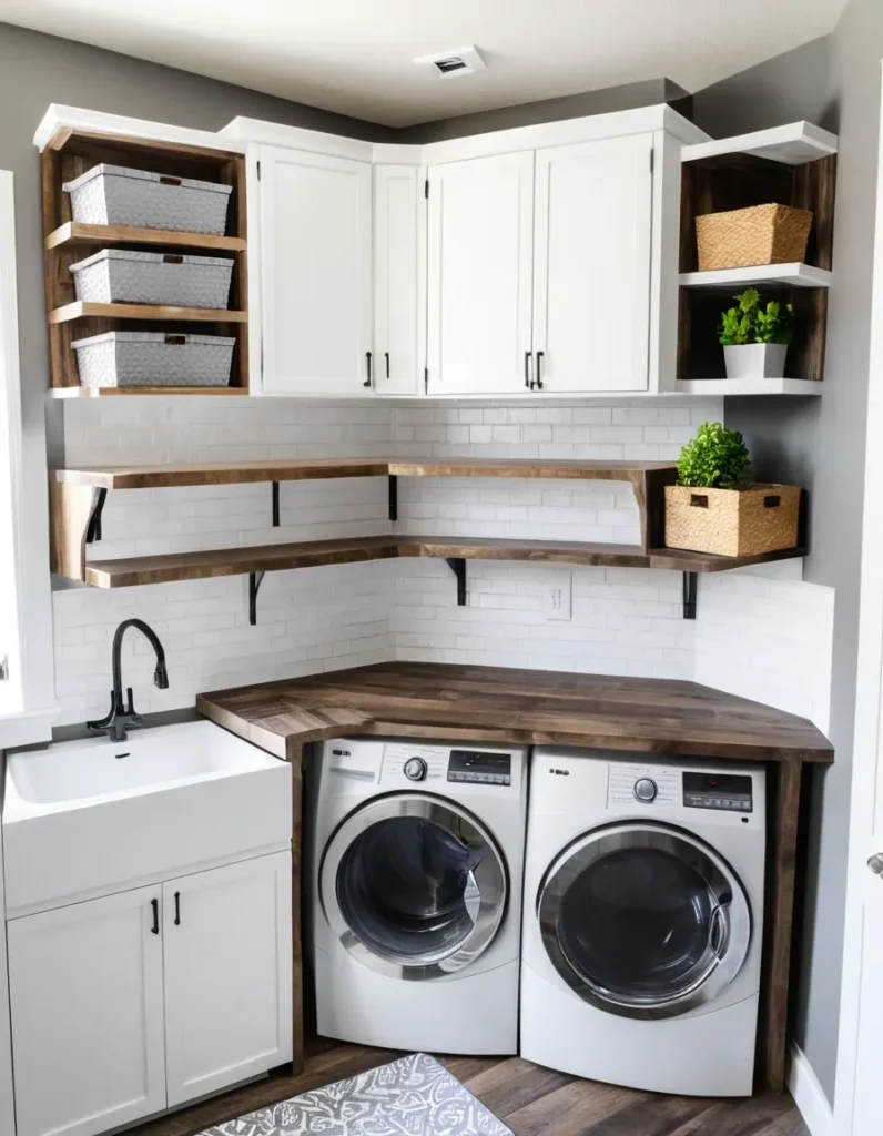 Functional corner laundry room featuring a dark wood butcher block countertop over white front-load washer and dryer units, a white apron-front farmhouse sink with a black faucet, white subway tile backsplash, floating wooden shelves, and white upper cabinets with accent storage cubbies.