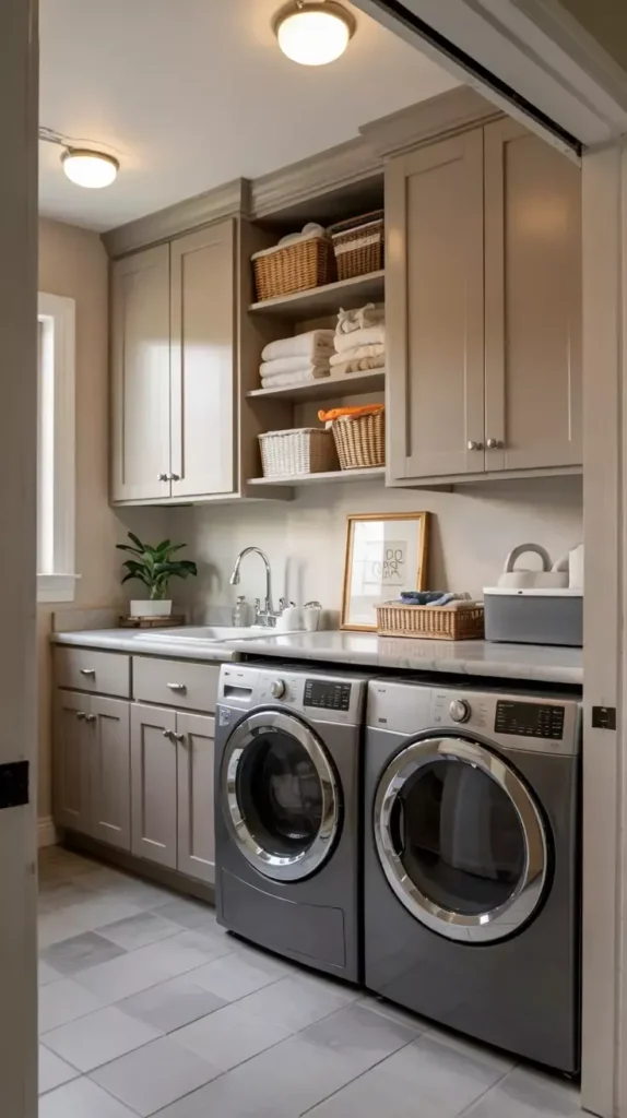 Organized laundry closet featuring side-by-side metallic grey front-load washer and dryer units under a light marble countertop, greige shaker-style cabinetry with open center shelving, woven storage baskets with folded white towels, and a small utility sink station.