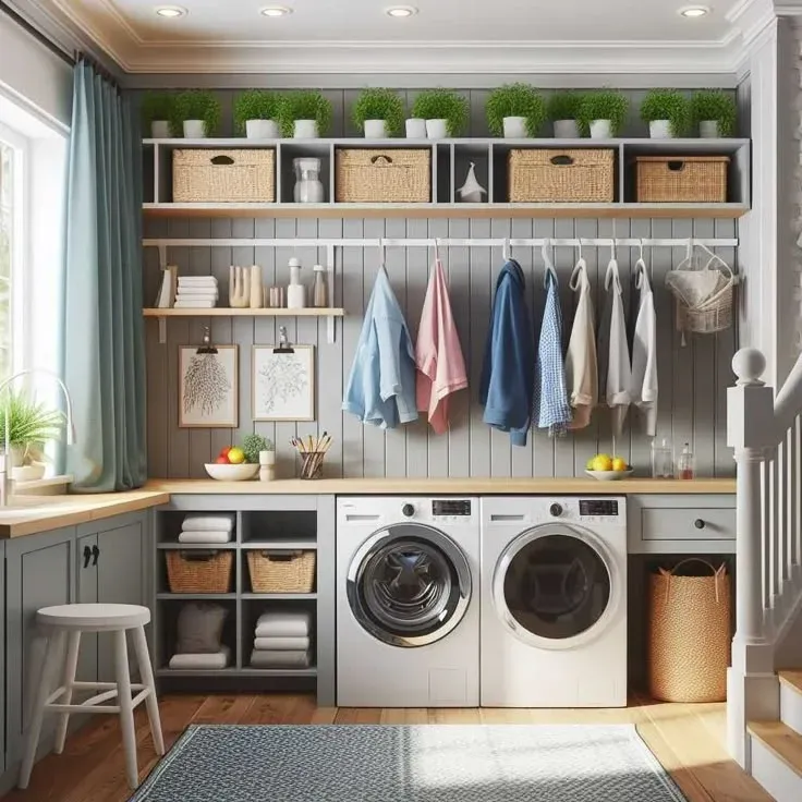 Organized laundry room setup featuring a light wood counter built over a front-load washer and dryer, grey vertical shiplap walls, a white hanging rod with clothes on hangers, upper storage cubbies filled with woven baskets and potted plants, and open lower shelves for folded towels.