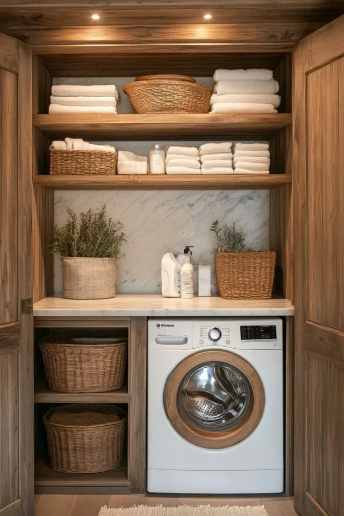 A space-saving, built-in wooden laundry closet featuring double cabinet doors, a white marble folding countertop, and matching marble slab backsplash. Two upper wooden floating shelves provide neat storage for folded linens and woven hyacinth baskets under warm recessed spotlighting, while the lower section houses open basket cubbies alongside a front-loading washing machine.