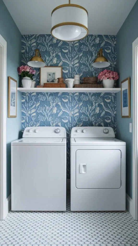 Small blue laundry room alcove featuring white top-load washer and dryer units, a blue and white botanical patterned wallpaper accent wall, brass wall sconces, a high white floating shelf with pink flower arrangements, and a brass drum pendant light overhead.