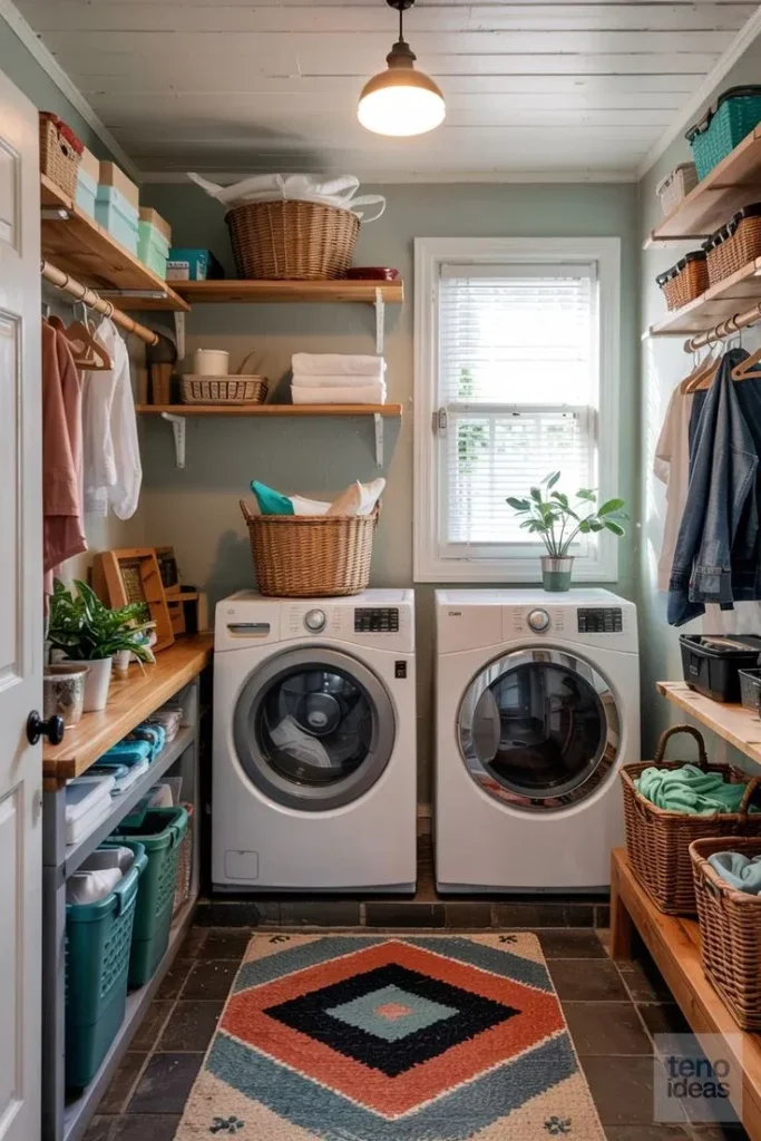 Long, narrow laundry room featuring white front-load washer and dryer units under a window with blinds, open wooden shelving on both side walls holding woven storage baskets and folded linens, hanging clothing rods, lower storage counters with laundry tubs, and a geometric patterned area rug on dark tile flooring.