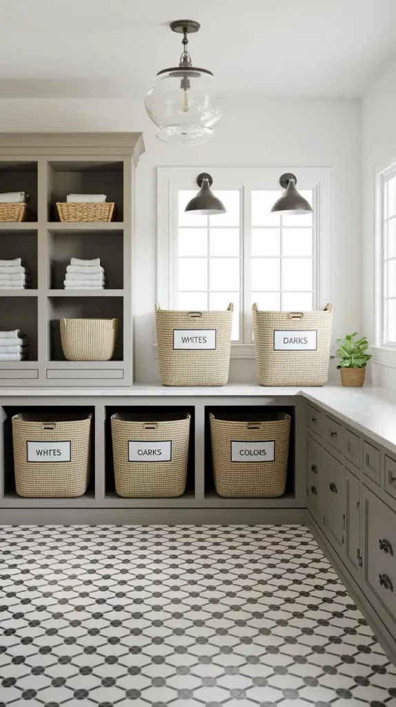Organized laundry room featuring built-in grey cabinetry, labeled woven hamper baskets for sorting whites, darks, and colors, open cubbies, and black-and-white patterned tile flooring.