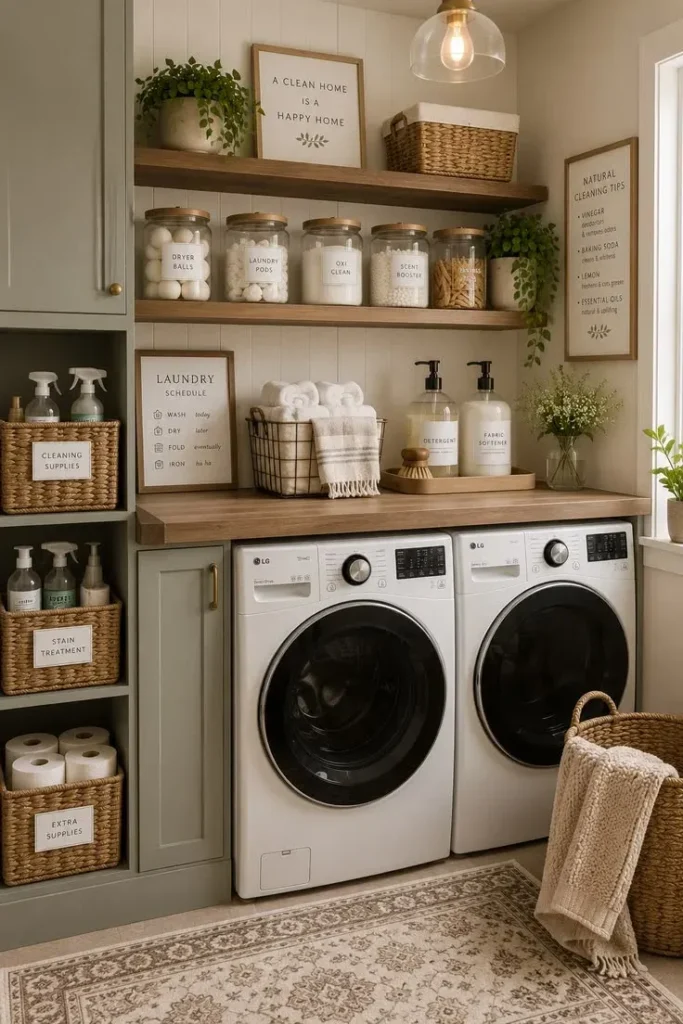 Organized Small laundry room featuring LG front-load washer and dryer under a wooden countertop, olive green cabinetry with labeled woven storage baskets, open floating shelves holding glass jars with wooden lids, and framed wall art.