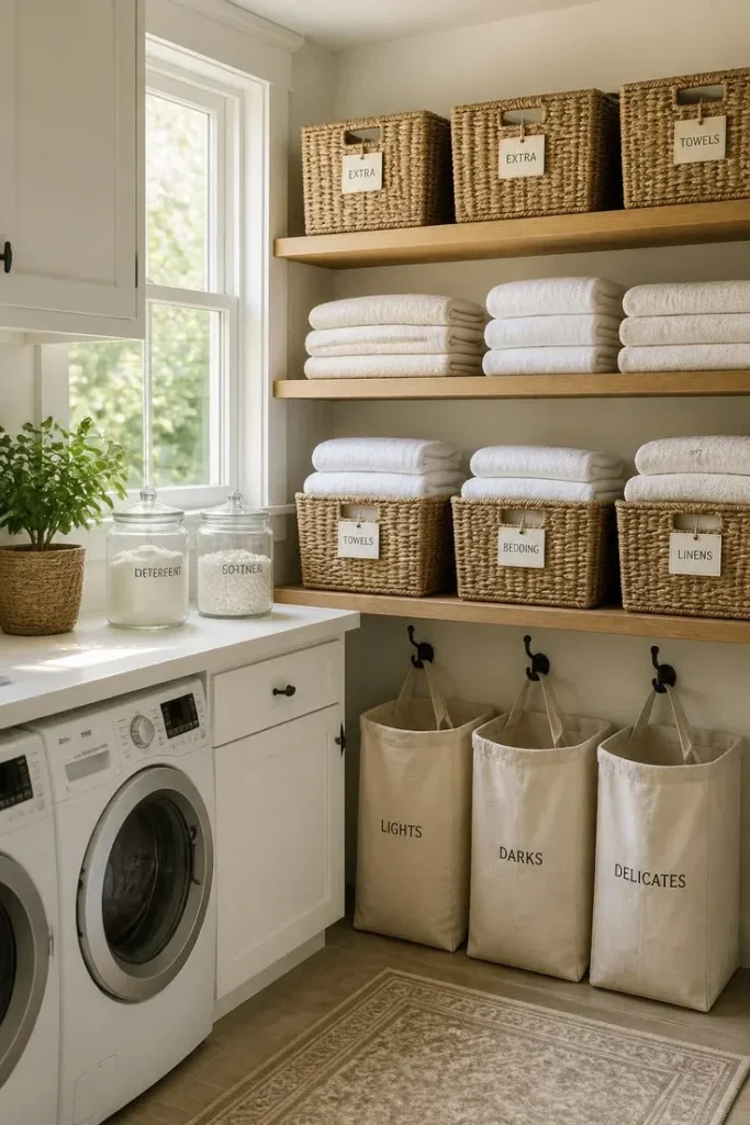 Neat laundry room featuring white front-load washer and white cabinetry, glass jars labeled for detergent and softener, natural wood open floating shelves with stacked white towels and labeled woven baskets, and hanging fabric hampers for lights, darks, and delicates.
