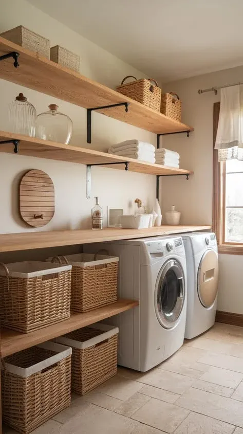 A spacious laundry room featuring tiered natural wood open floating shelves supported by black metal brackets, holding woven wicker storage baskets, folded white towels, and glass jars above a wooden countertop with front-loading washing and drying machines underneath.