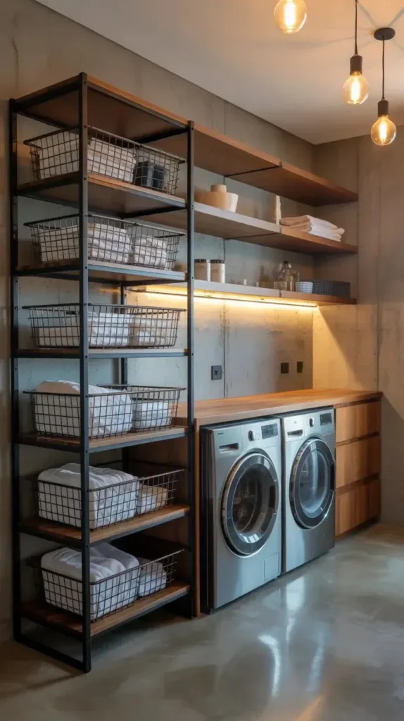 Modern industrial laundry room featuring a tall black metal shelving unit with wire storage baskets holding folded white towels, floating wooden shelves with under-cabinet LED strip lighting, concrete walls, wooden countertop, and side-by-side front-load washer and dryer.