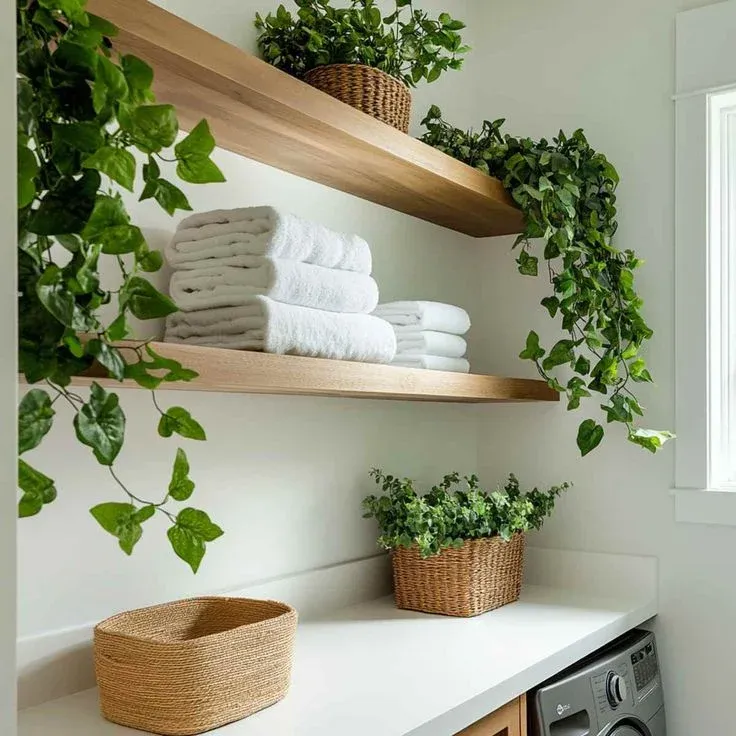 Floating natural wood shelves over a white laundry room countertop featuring neatly folded white towels, trailing green vines, potted plants in woven wicker baskets, and a front-load washing machine.