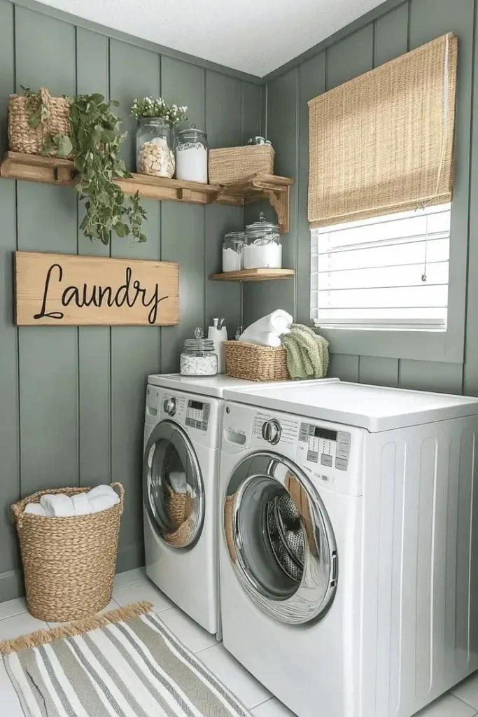 A cozy farmhouse-style laundry room featuring sage green vertical board and batten walls, a wooden "Laundry" sign, open wooden floating shelves adorned with glass storage jars and potted plants, and woven rattan baskets alongside white front-loading washer and dryer units.