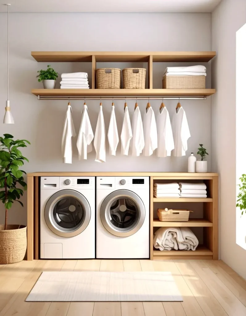 Sleek and serene laundry room design featuring light oak shelving, a built-in hanging drying rack, organized cubbies, and fresh greenery paired with modern white appliances.