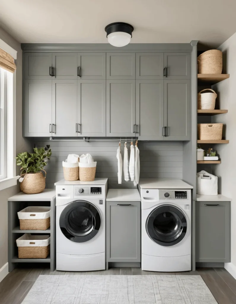 A beautifully designed transitional laundry space showcasing full-height sage-grey cabinetry with black pulls, an integrated drying rack rod, and horizontal beadboard walls. Warm wood open shelves occupy the side corner for woven storage bins, complementing the light countertops and sleek white front-loading appliances.