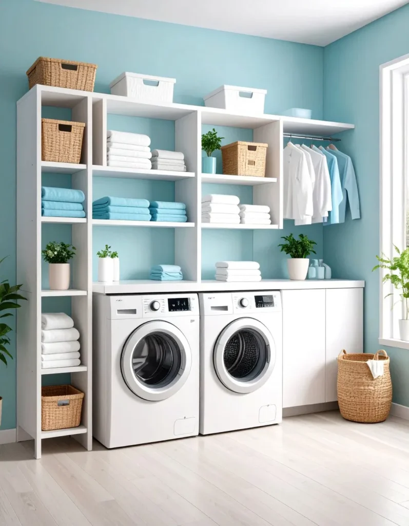 A bright, open-concept laundry space featuring a full white modular shelving unit frame set against light teal walls. The layout includes open side tower cubbies, over-the-counter shelf compartments, a clothing drying rod, and a folding counter surface over white front-loading appliances. Woven baskets and leafy potted plants complement the fresh coastal aesthetic.