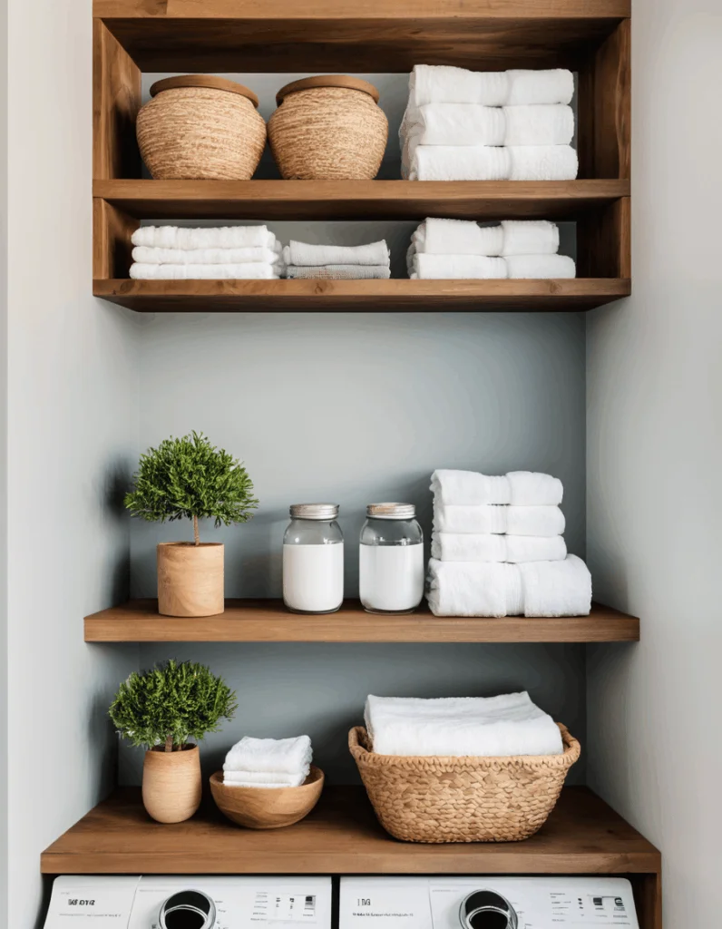 ertical warm wood floating shelves and cubbies organized in a laundry nook above white appliances. The shelves display stacks of crisp white towels, woven seagrass storage jars and baskets, small potted greenery, and glass detergent jars against a soft grey wall.