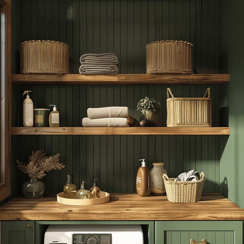 Two thick natural wood floating shelves mounted against a deep forest green beadboard wall above a matching green laundry cabinet and wooden countertop. The shelves display woven wicker baskets, neutral folded towels, ceramic soap bottles, and dried floral arrangements illuminated by warm natural light.