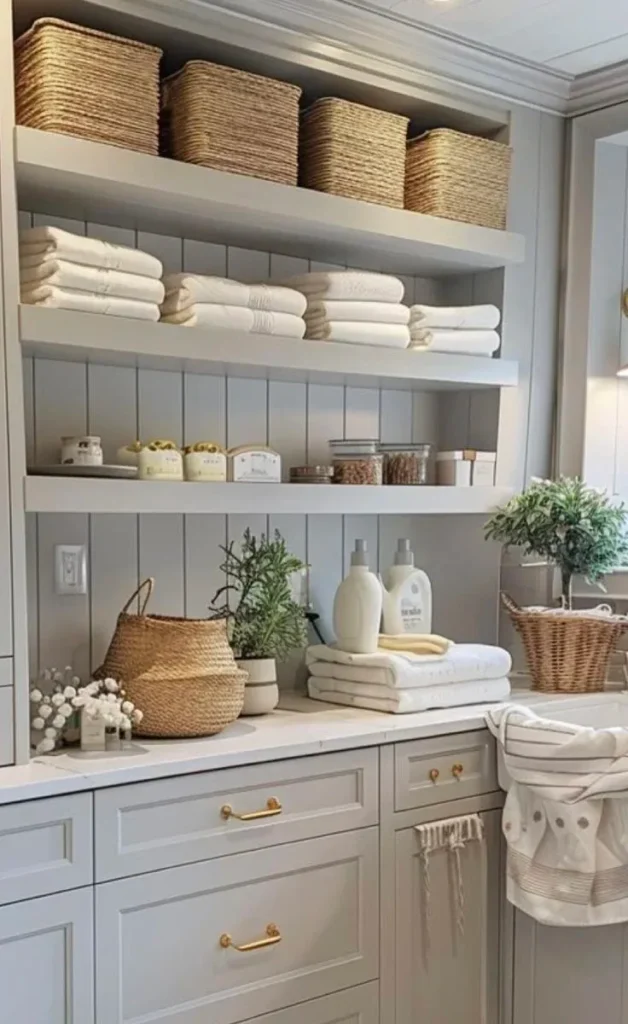 Clean, neutral laundry room organization featuring floating open shelves, natural wicker storage baskets, fresh white linens, and warm metallic accents.