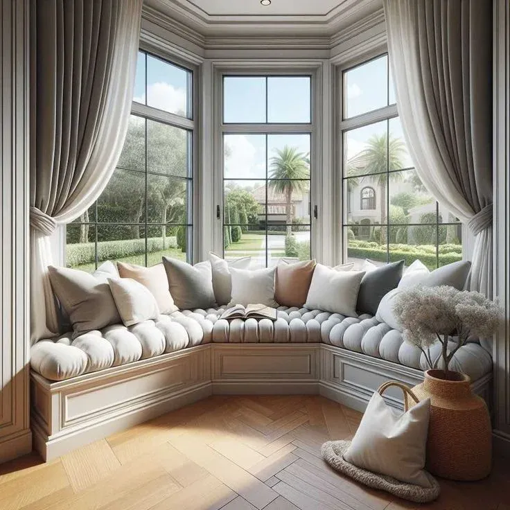 A luxurious bay window nook featuring a custom tufted grey cushion seat layered with neutral and pastel throw pillows, framed by heavy floor-length grey curtains.