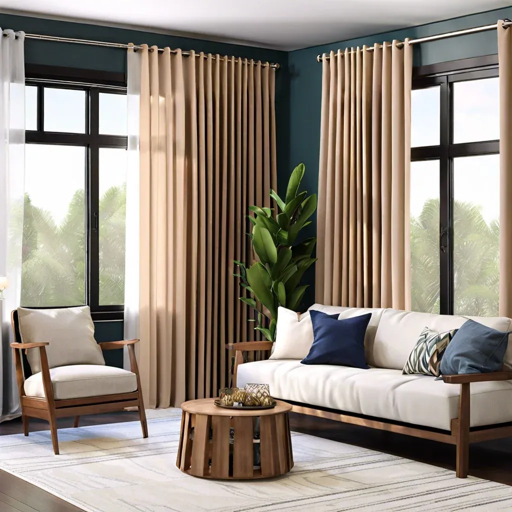 Two large black-framed windows styled with floor-length beige grommet curtains against dark teal walls, featuring a white mid-century modern sofa and an accent chair.