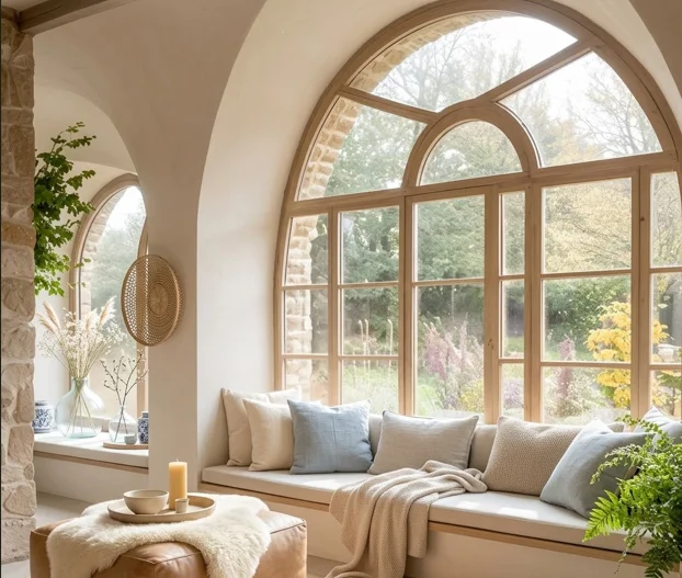 A bright, cozy alcove featuring a large, arched multi-paned window looking out onto a garden. A built-in daybed sits below, styled with light blue and beige linen pillows, a knit throw blanket, and a large fern plant. In the foreground is a leather ottoman with a sheepskin rug and a decorative tray, resting on a textured jute rug. The architectural space has smooth, curved arches and a natural stone pillar.