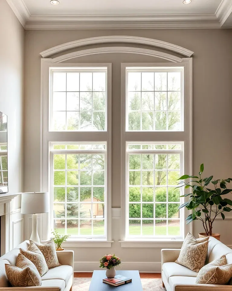 Elegant living room window styling showcasing classic white window trim and crown molding, looking out onto a green backyard with two white sofas in the foreground.